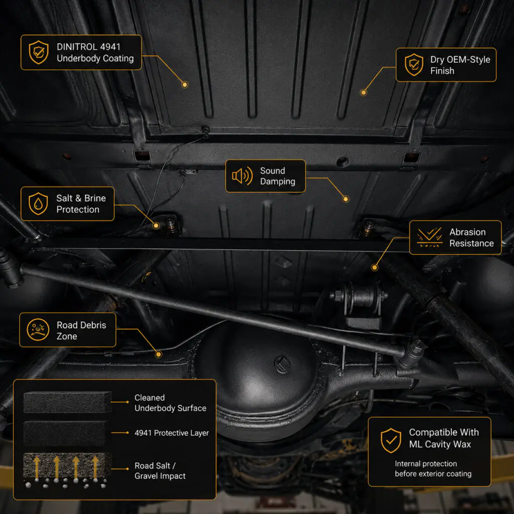 Diagram of DINITROL 4941 underbody coating on a cleaned vehicle underside with callouts for dry OEM-style finish, salt and brine protection, abrasion resistance, road debris protection, sound damping, and ML cavity wax compatibility.