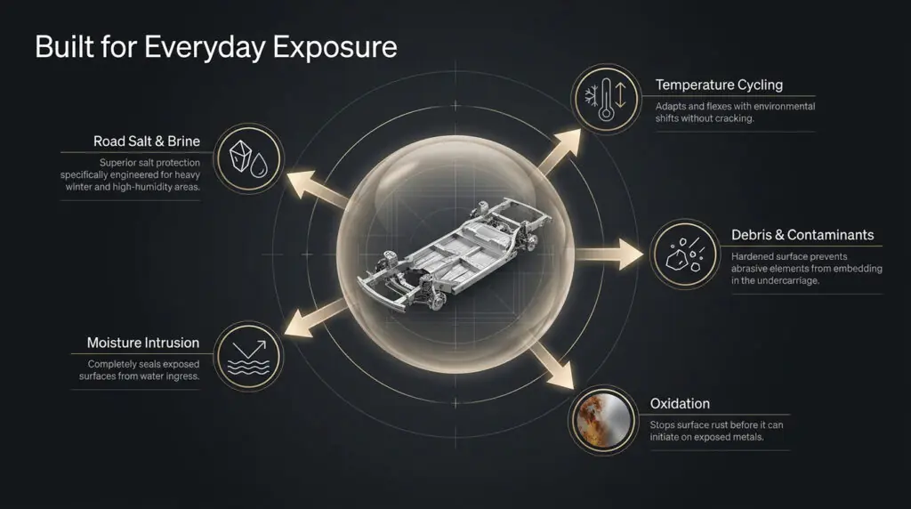 Diagram showing DINITROL 4010 underbody protection against road salt, brine, moisture, debris, contaminants, temperature cycling, and oxidation.