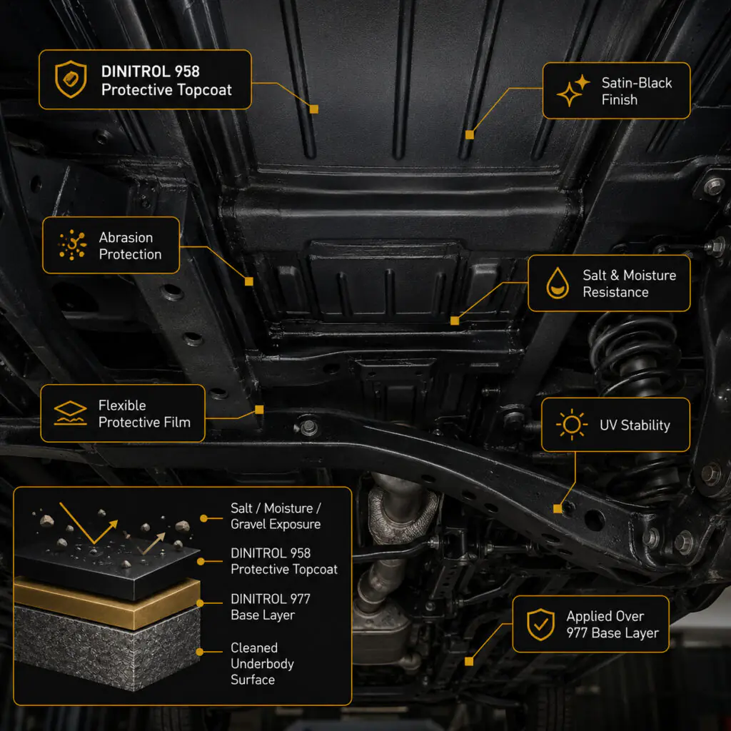 Diagram showing DINITROL 958 satin-black protective topcoat applied over DINITROL 977 base layer on a cleaned vehicle underbody.