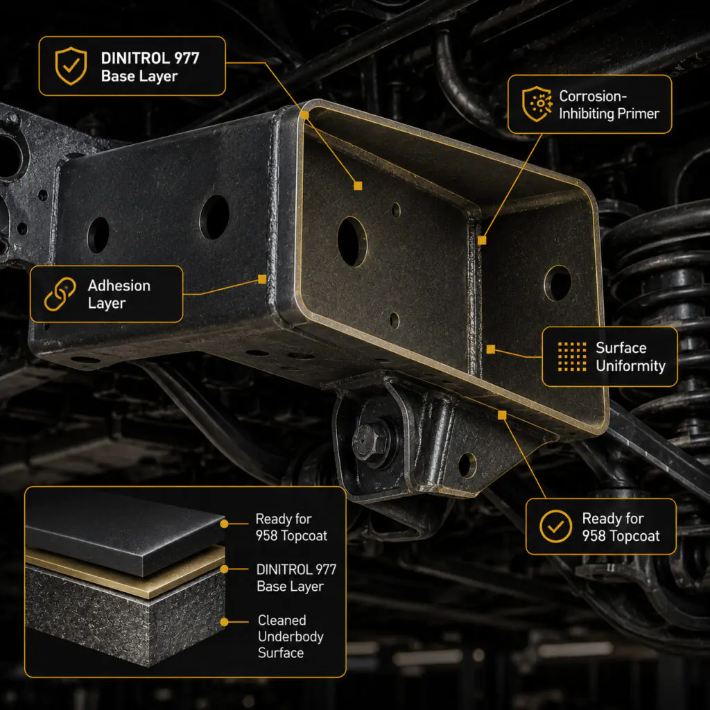 Diagram showing DINITROL 977 base layer applied to a cleaned vehicle underbody surface before DINITROL 958 topcoat.