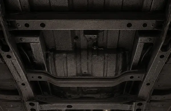 Vehicle underside on a shop lift with a dry black protective underbody coating.
