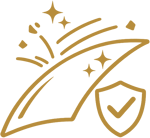 Gold line icon showing debris bouncing away from a protected surface with a shield check mark.