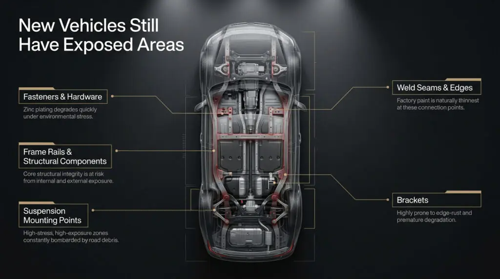 Diagram of a new vehicle underside showing exposed areas such as fasteners, frame rails, weld seams, brackets, and suspension mounting points that may need underbody protection.