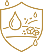 Gold line icon showing a shield with water droplets, salt crystals, and debris representing moisture and salt protection.